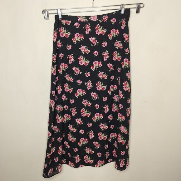 Liz Claiborne Floral Maxi Skirt Elastic Waist Black Pink Red - Picture 1 of 5